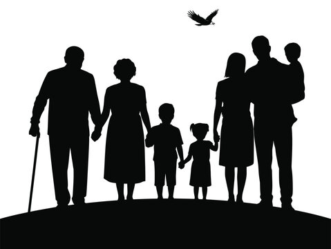 Silhouette of a multi-generational family holding hands